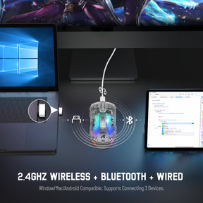 ATTACK SHARK X2 Wireless Transparent Gaming Mouse, Tri-Mode(2.4Ghz, Bluetooth 5.0, USB C Wired), PixArt 3212-RGB Backlit-2400DPI