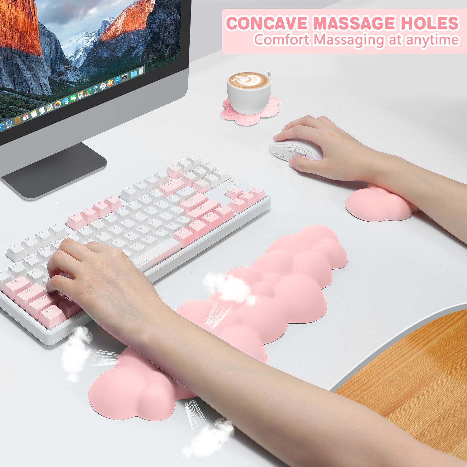 MAMBASNAKE Cloud Keyboard Mouse Wrist Rest with Coaster Set,Ergonomic Palm Rest Combo for for Comfortable Typing/Gaming -3 in 1 Set