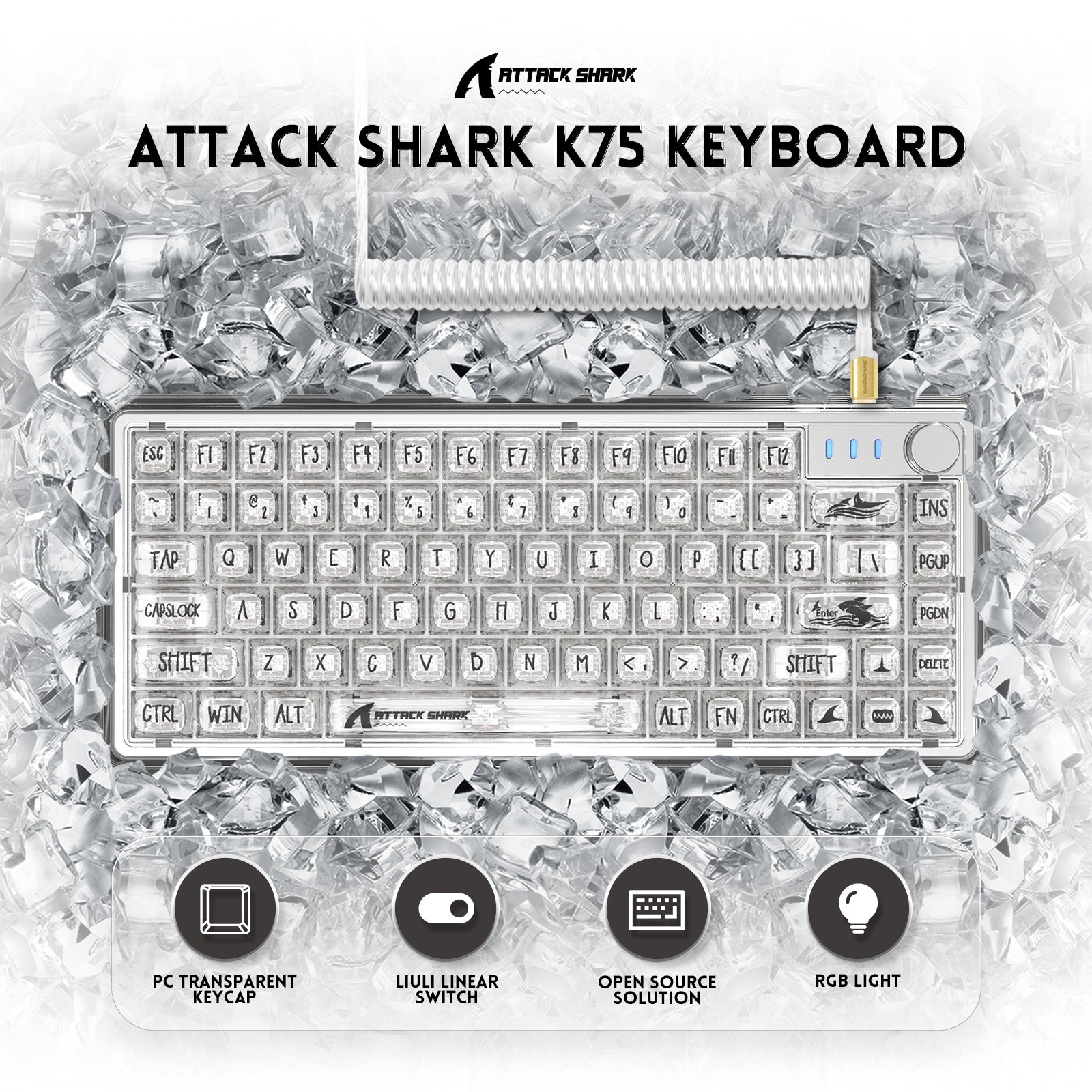 ATTACK SHARK K75 Mechanical Keyboard, Transparent PC Keycaps, Custom RGB Gaming Keyboard, Gasket QMK/VIA Keyboard, Linear Switch, Coiled Cable, TKL Hot Swappable Wired Keyboard for PC Gamer