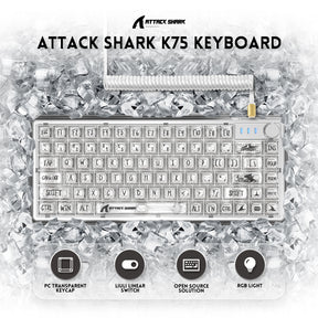 ATTACK SHARK K75 Mechanical Keyboard, Transparent PC Keycaps, Custom RGB Gaming Keyboard, Gasket QMK/VIA Keyboard, Linear Switch, Coiled Cable, TKL Hot Swappable Wired Keyboard for PC Gamer