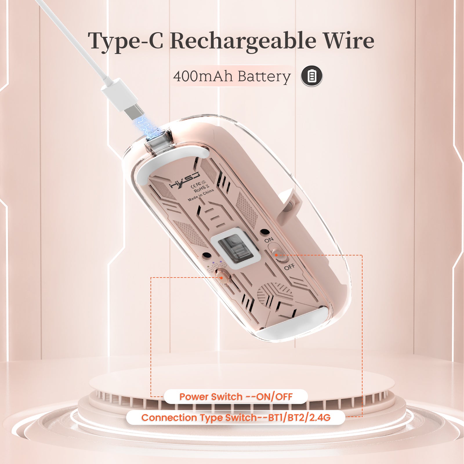 HXSJ Wireless Mouse, Slim Dual Mode Bluetooth 5.1/2.4G, Silent Rechargeable Transparent Mouse 2400 DPI, Battery Level Visible