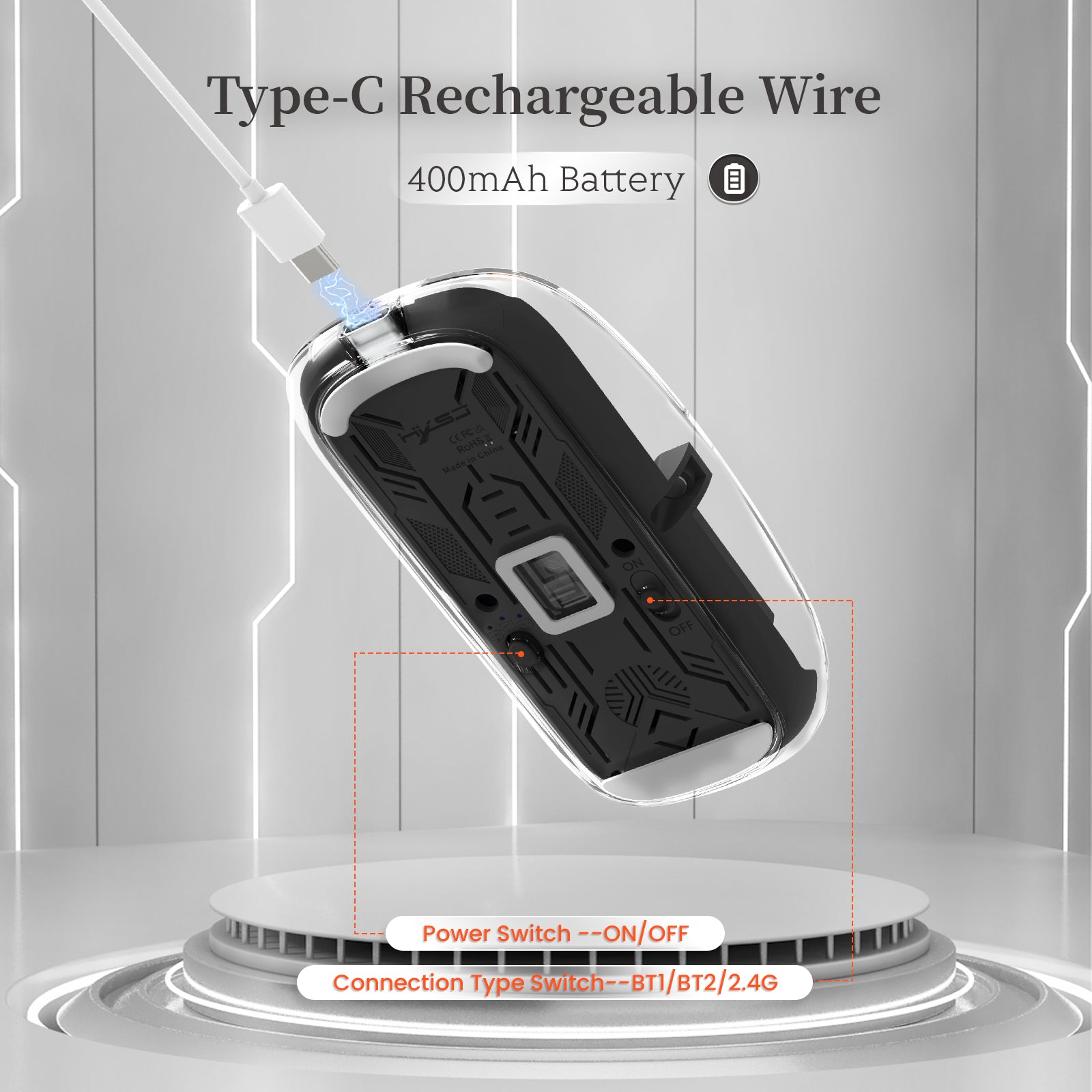 HXSJ Wireless Mouse, Slim Dual Mode Bluetooth 5.1/2.4G, Silent Rechargeable Transparent Mouse 2400 DPI, Battery Level Visible