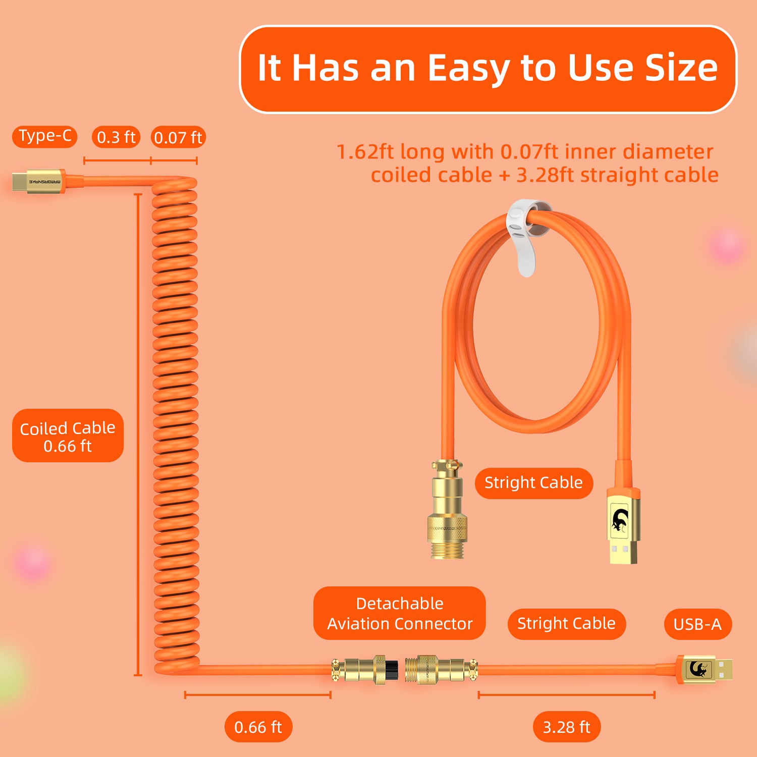 MAMBASNAKE Coiled Gaming Keyboard Cable, Pro Custom USB-C Cable for Mechanical Keyboard, TPU Spring Type-C Cable with Metal Aviation Connector