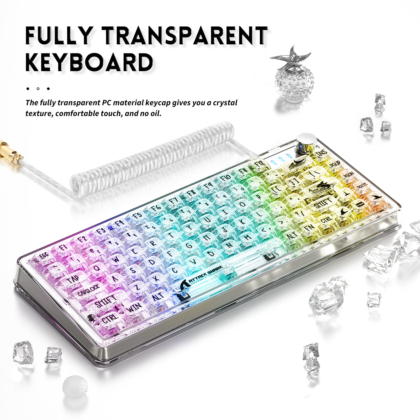 ATTACK SHARK K75 Mechanical Keyboard, Transparent PC Keycaps, Custom RGB Gaming Keyboard, Gasket QMK/VIA Keyboard, Linear Switch, Coiled Cable, TKL Hot Swappable Wired Keyboard for PC Gamer