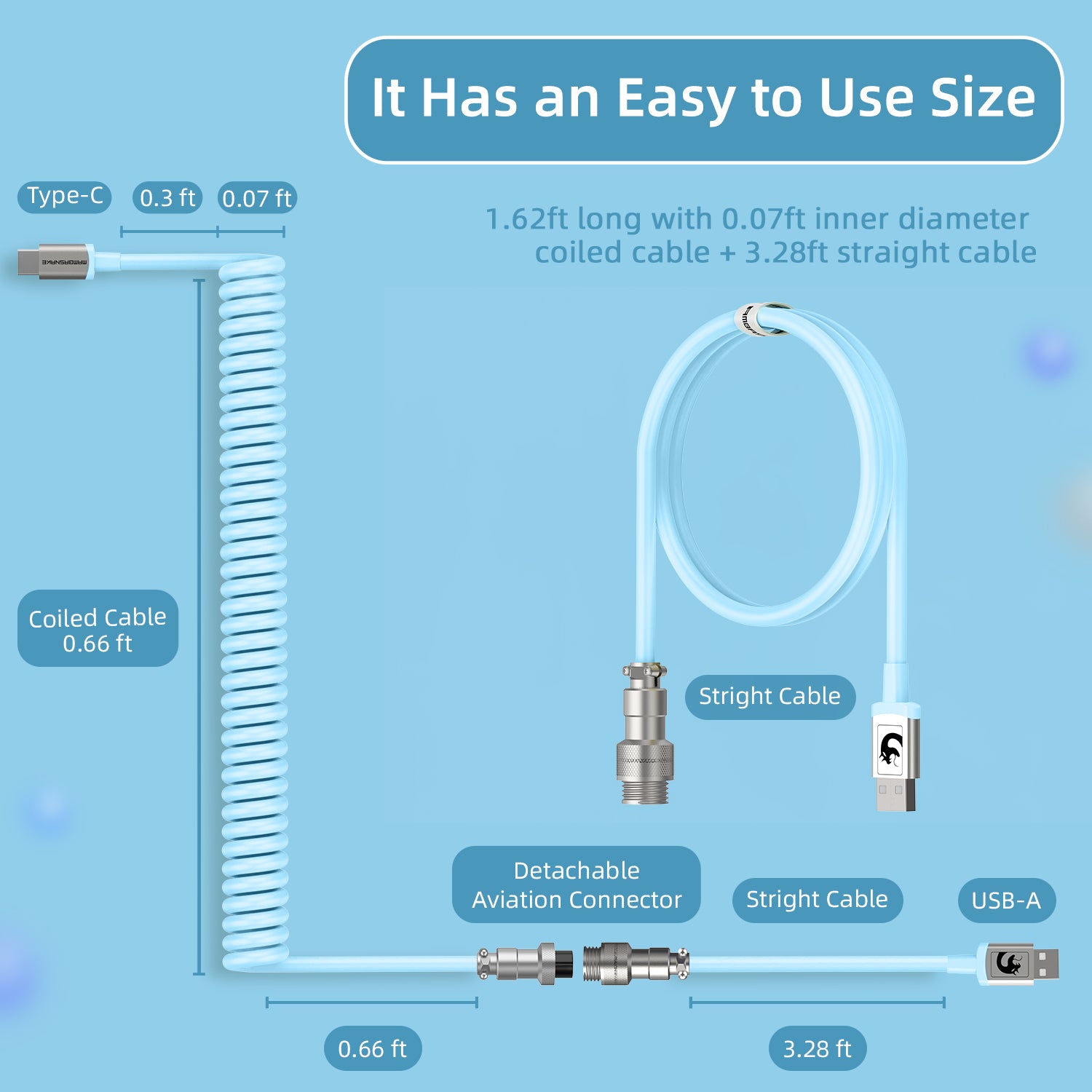 MAMBASNAKE Coiled Gaming Keyboard Cable, Pro Custom USB-C Cable for Mechanical Keyboard, TPU Spring Type-C Cable with Metal Aviation Connector