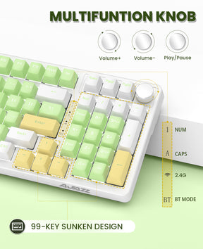 AJAZZ 96% Hot-swappable Gasket Mechanical Gaming Keyboard with Custom Coiled USB C Cable, 1400 mAh Triple Mode 2.4G/BT5.1/ Wired 99Keys with Knob