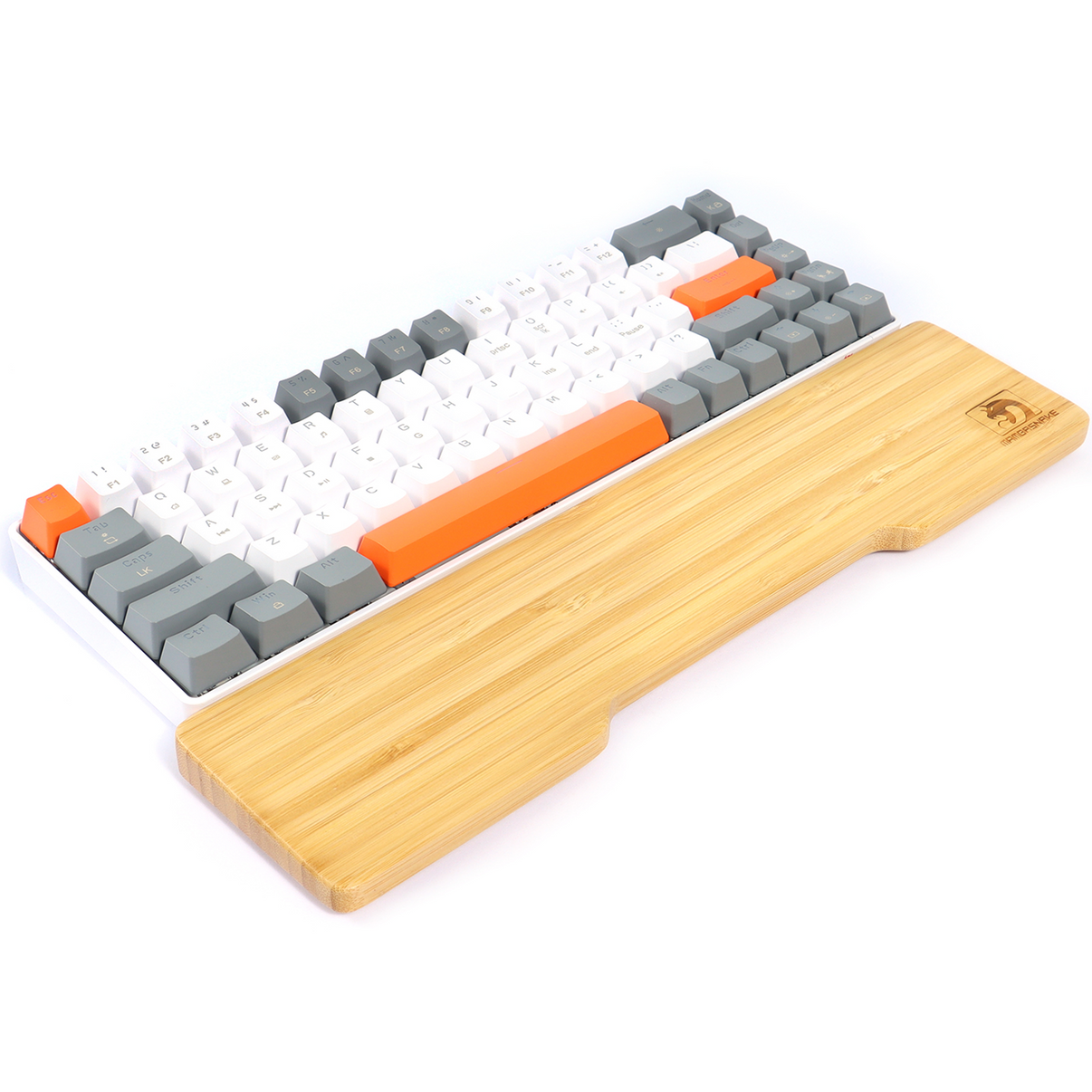 Bamboo wrist rest for mechanical keyboard with gray and orange keycaps