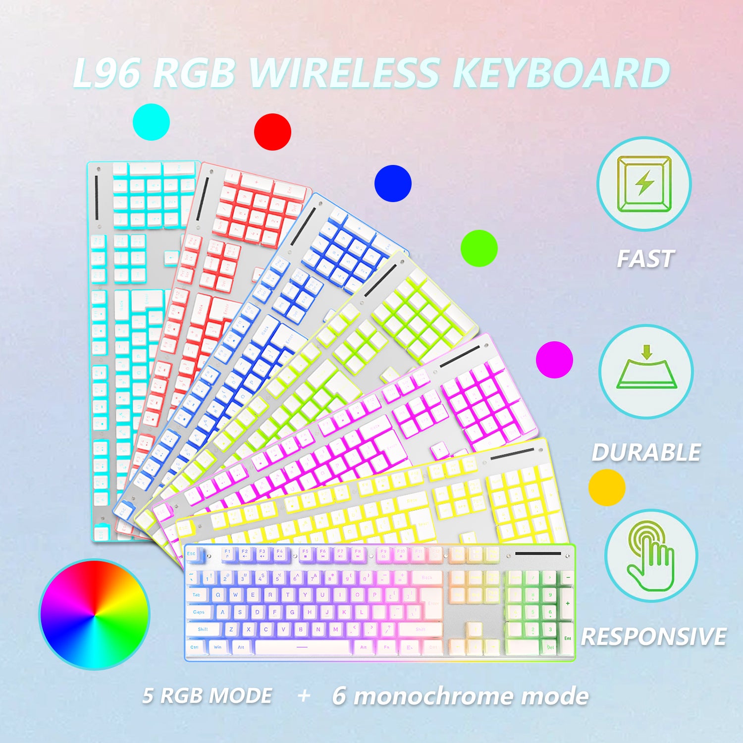 HXSJ L96 Wireless Keyboard Mouse Combo, 3000mAh Rechargeable RGB Full Size Keyboard with Pudding Keycaps +4800DPI Optical Mice, Mechanical Feel Keyboard and Mouse Set for PC Gamer