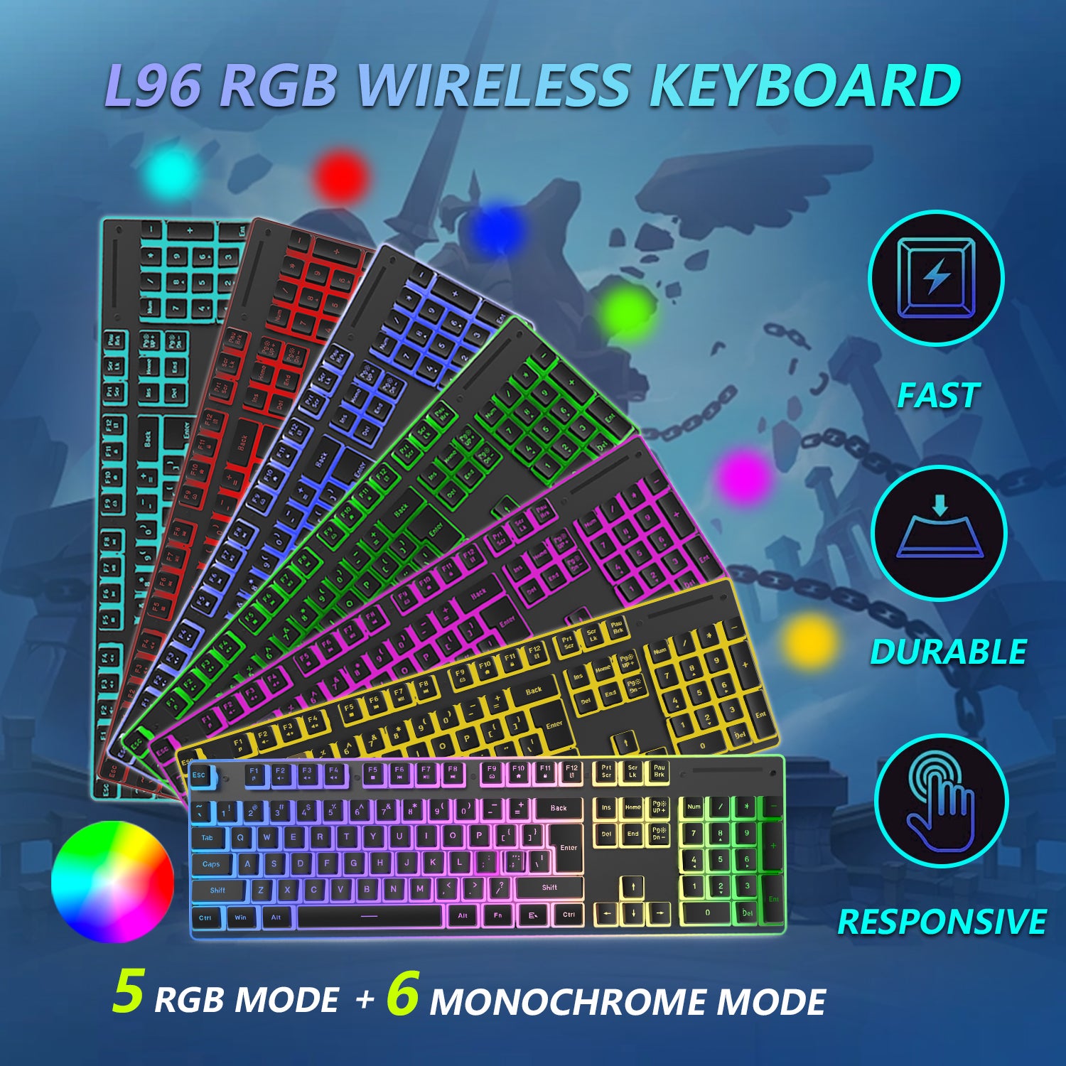 HXSJ L96 Wireless Keyboard Mouse Combo, 3000mAh Rechargeable RGB Full Size Keyboard with Pudding Keycaps +4800DPI Optical Mice, Mechanical Feel Keyboard and Mouse Set for PC Gamer