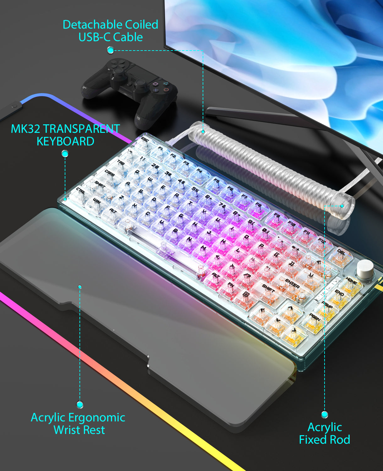 MAGIC-REFINER MK32 Wired Mechanical Gaming Transparent Keyboard, Hot Swappable, Coiled USB-C Cable, Linear Switch, Volume Knob