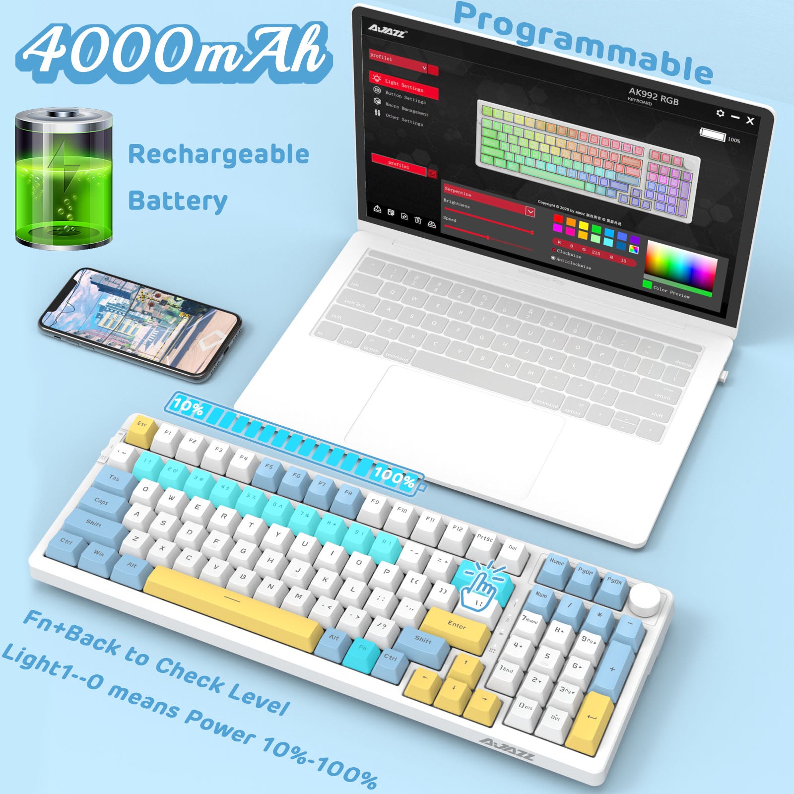 AJAZZ AK992 Hotswap Mechanical Keyboard,LIGHTSYNC RGB,4000mAh Battery,2.4Ghz/BT5.0/Wired, GASKET Mount ,99 Key with Volume Knob,PBT Keycaps for Win/Mac