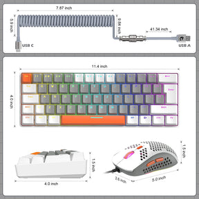 T60Pro Wired Gaming Keyboard and Mouse Set, Compact 60% UK Layout Light Up Mechanical Keyboard, Coiled USB C Cable, 6400dpi RGB Mice