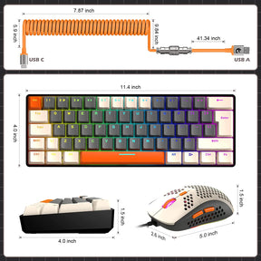 T60Pro Wired Gaming Keyboard and Mouse Set, Compact 60% UK Layout Light Up Mechanical Keyboard, Coiled USB C Cable, 6400dpi RGB Mice