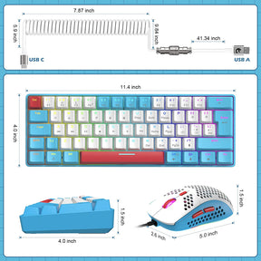 T60Pro Wired Gaming Keyboard and Mouse Set, Compact 60% UK Layout Light Up Mechanical Keyboard, Coiled USB C Cable, 6400dpi RGB Mice