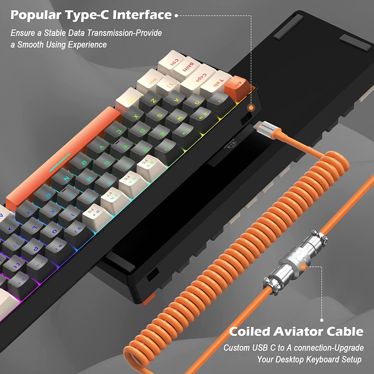 T60Pro Wired Gaming Keyboard and Mouse Set, Compact 60% UK Layout Light Up Mechanical Keyboard, Coiled USB C Cable, 6400dpi RGB Mice