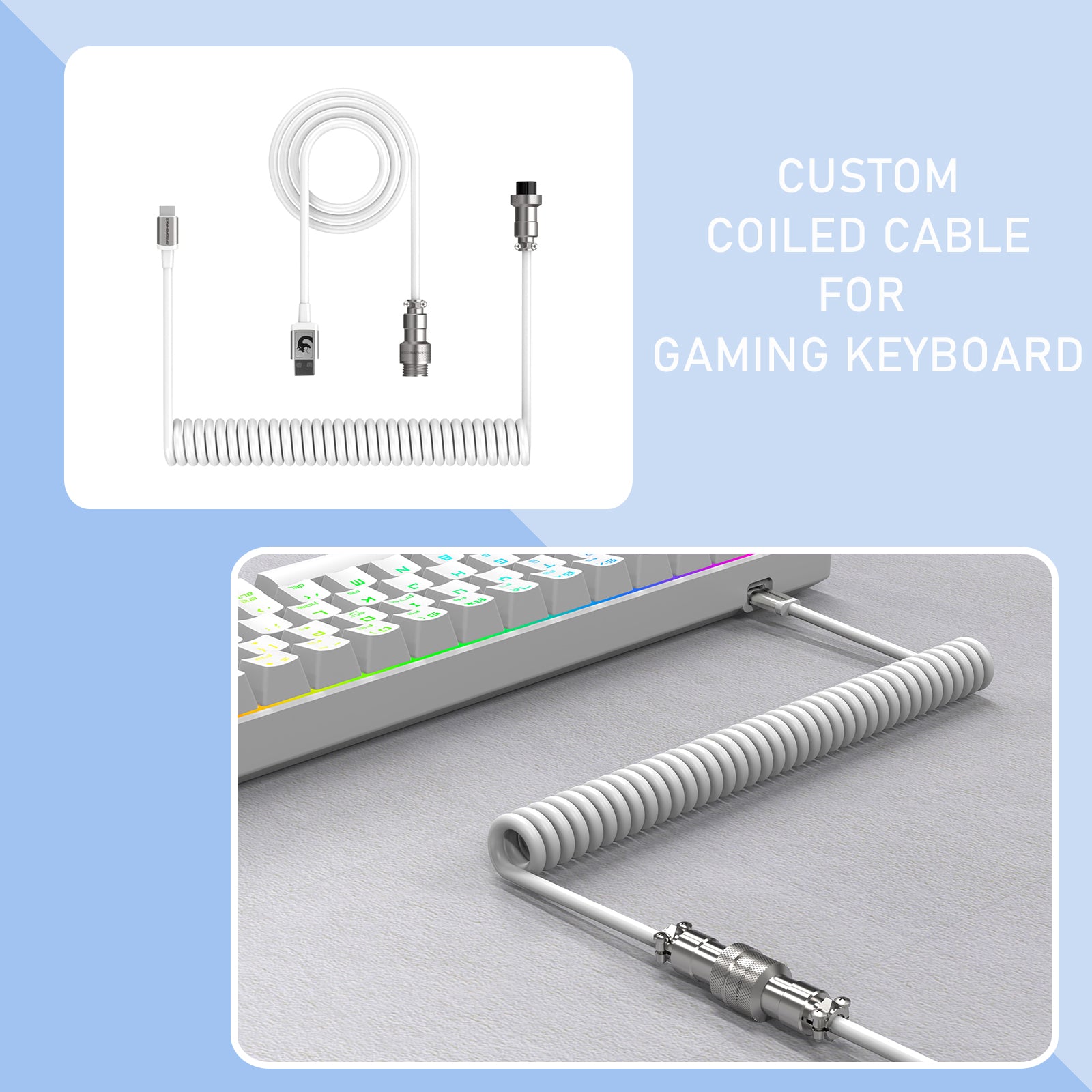 MAMBASNAKE C04 Coiled USB C Cable for Gaming Keyboards, Custom 2 In 1 Charging Cable with 5 Pin Aviator Connector For Phone/Laptop