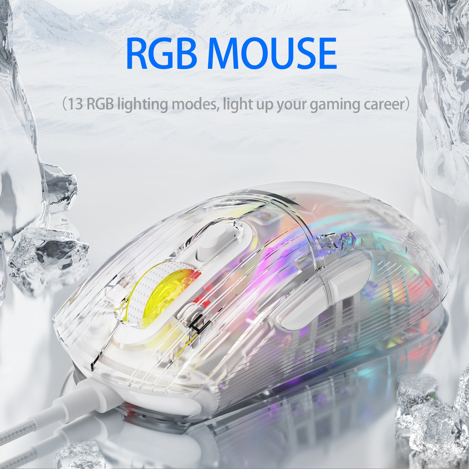 HXSJ X400 Transparent Mouse, Ultralight Wired Gaming Mouse, 13 RGB Backlit Mice, 6 Adjustable DPI 12800 Marco Program Mice, USB Optical Mice for Win10/Xbox/PS4/PS5/Mac/HP/Acer