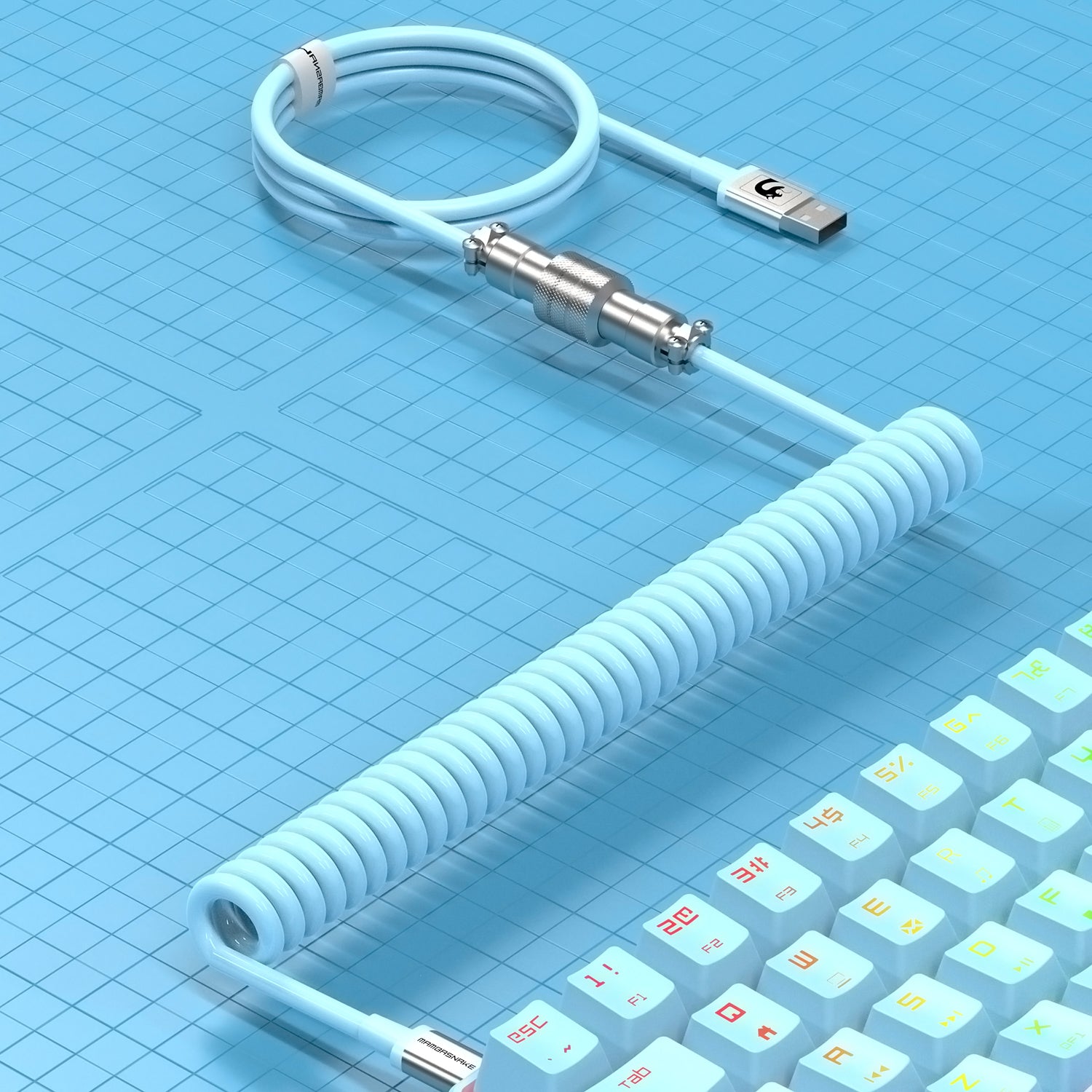 MAMBASNAKE Coiled Gaming Keyboard Cable, Pro Custom USB-C Cable for Mechanical Keyboard, TPU Spring Type-C Cable with Metal Aviation Connector