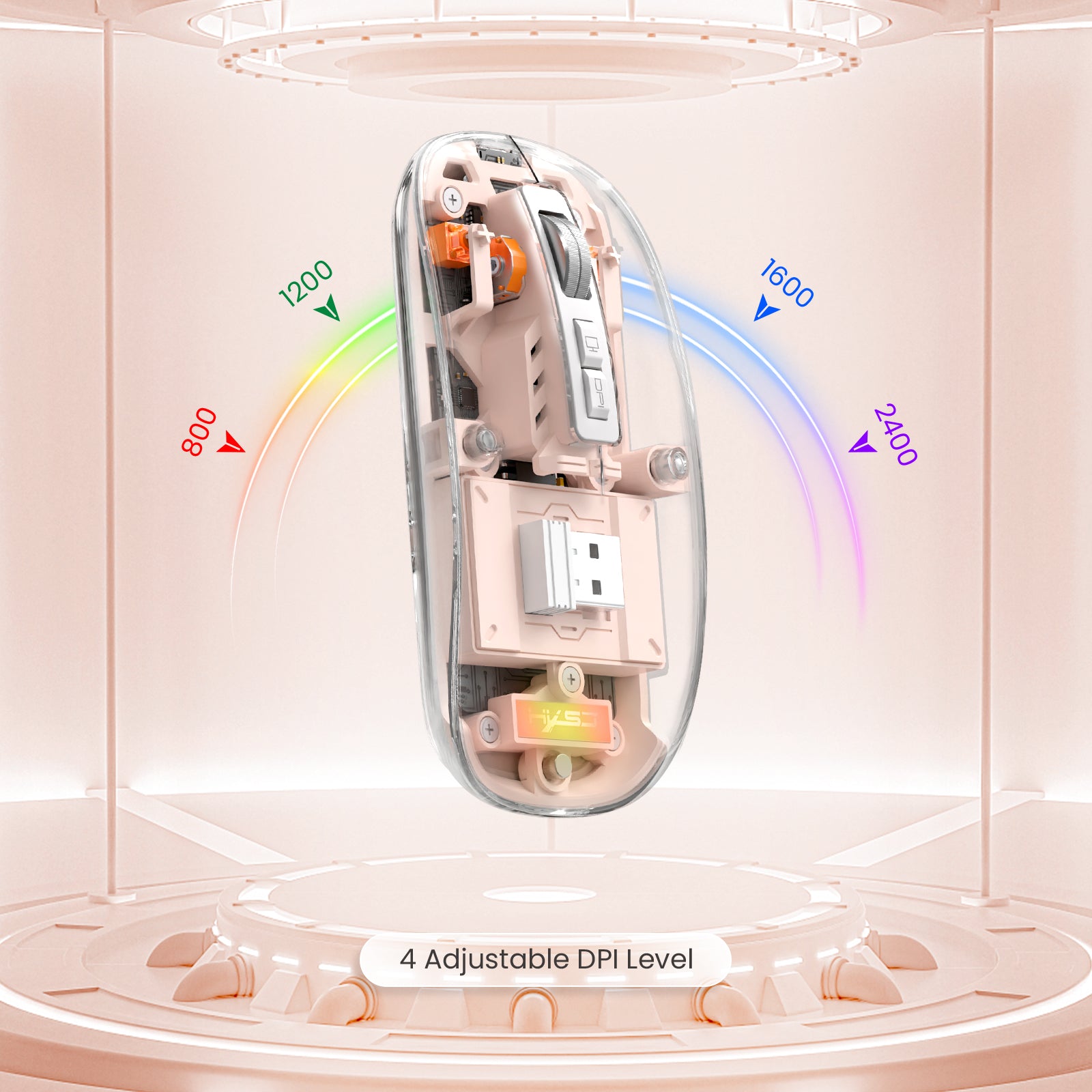 HXSJ Wireless Mouse, Slim Dual Mode Bluetooth 5.1/2.4G, Silent Rechargeable Transparent Mouse 2400 DPI, Battery Level Visible