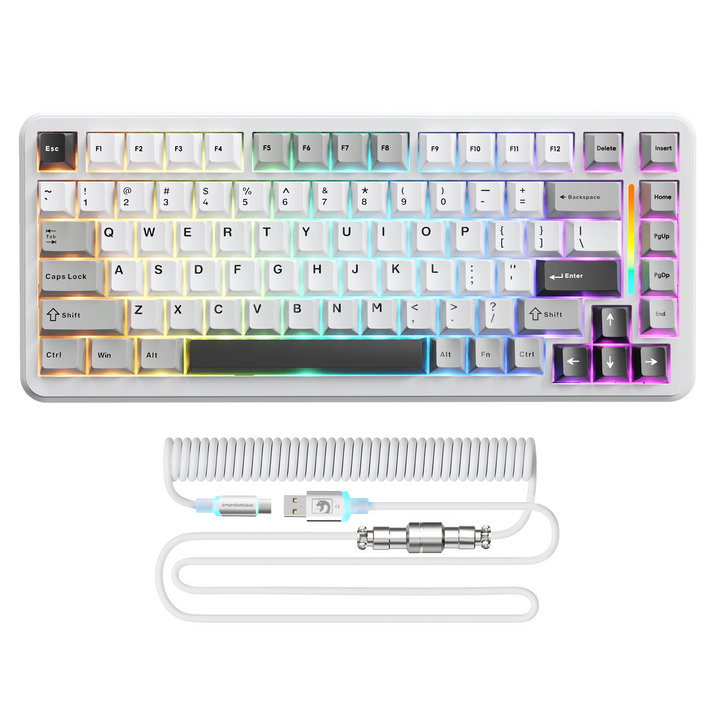 MAMBASNAKE M82 HE keyboard, white keys, RGB, and coiled cable for gaming.