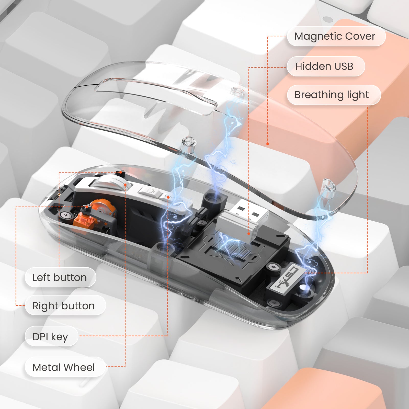 HXSJ Wireless Mouse, Slim Dual Mode Bluetooth 5.1/2.4G, Silent Rechargeable Transparent Mouse 2400 DPI, Battery Level Visible