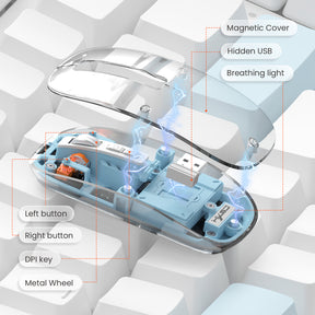 HXSJ Wireless Mouse, Slim Dual Mode Bluetooth 5.1/2.4G, Silent Rechargeable Transparent Mouse 2400 DPI, Battery Level Visible