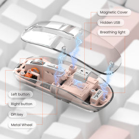 HXSJ Wireless Mouse, Slim Dual Mode Bluetooth 5.1/2.4G, Silent Rechargeable Transparent Mouse 2400 DPI, Battery Level Visible