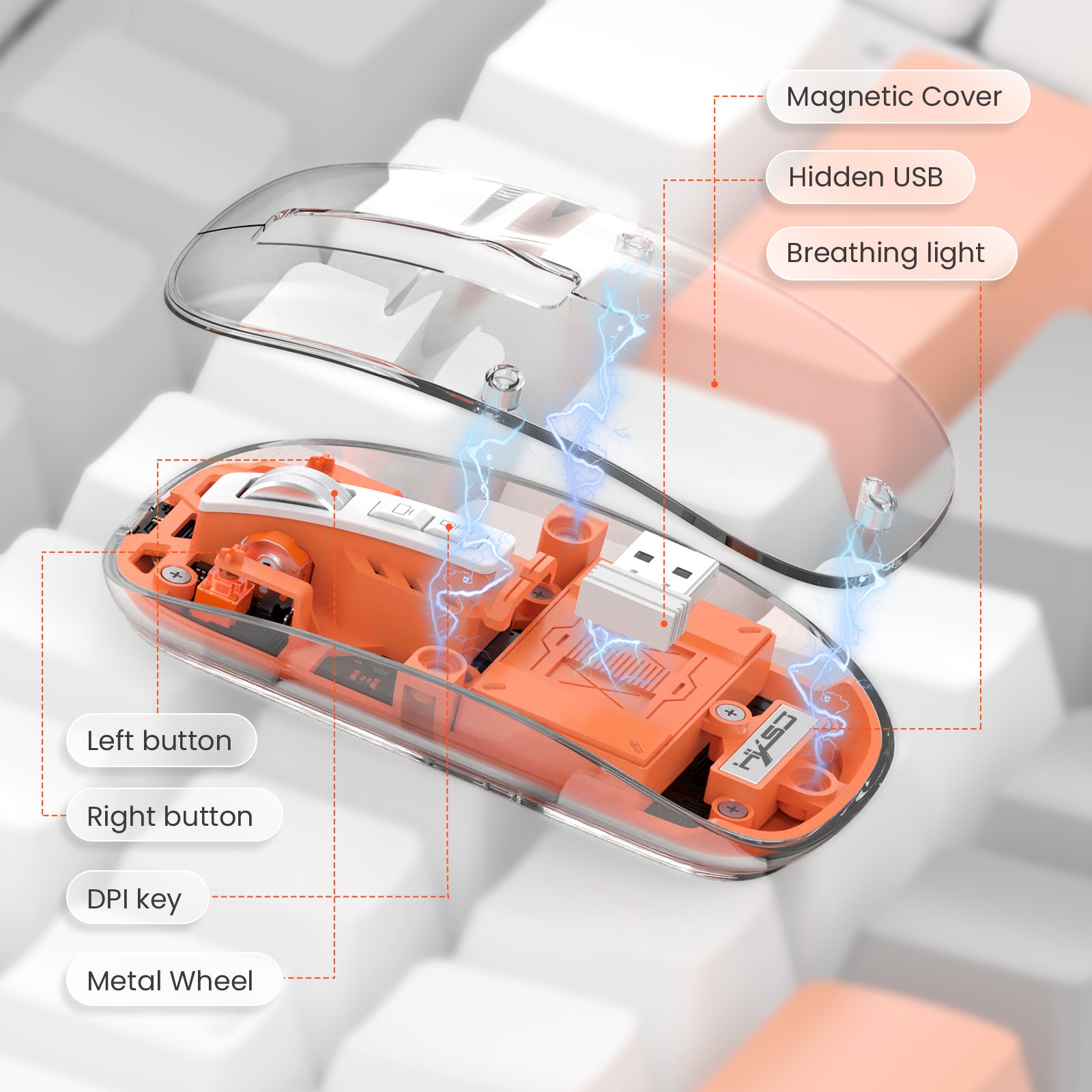 HXSJ Wireless Mouse, Slim Dual Mode Bluetooth 5.1/2.4G, Silent Rechargeable Transparent Mouse 2400 DPI, Battery Level Visible