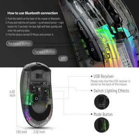 ATTACK SHARK X2 Wireless Transparent Gaming Mouse, Tri-Mode(2.4Ghz, Bluetooth 5.0, USB C Wired), PixArt 3212-RGB Backlit-2400DPI