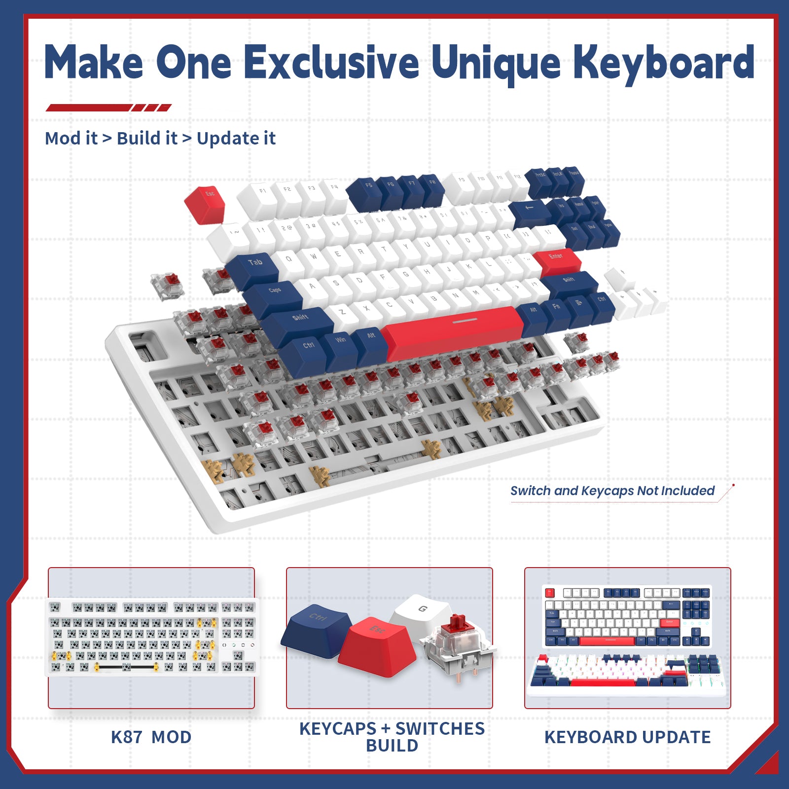 ATTACK SHARK K87 Wireless Mechanical Keyboard Kit, Tri-mode Bluetooth/2.4G/Wired Barebones Keyboard, Coiled Cable, Hot Swappable