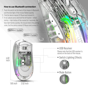 ATTACK SHARK X2 Wireless Transparent Gaming Mouse, Tri-Mode(2.4Ghz, Bluetooth 5.0, USB C Wired), PixArt 3212-RGB Backlit-2400DPI