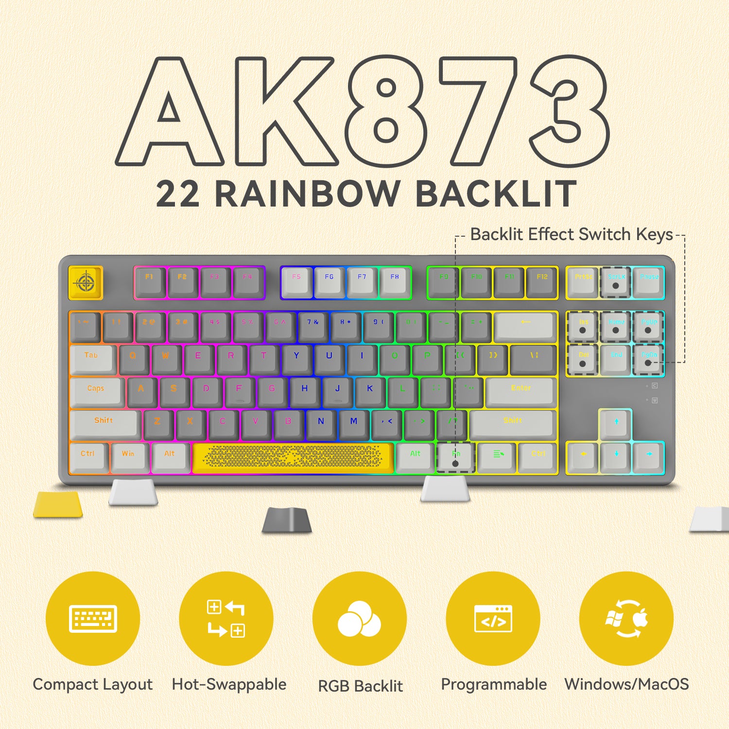 AJAZZ AK873-75% Wired Gaming Keyboard-Hot Swap Mechanical Keyboard-LIGHTSYNC RGB Compact 87 Keys-Magnetic Upper Cover for PC/Mac