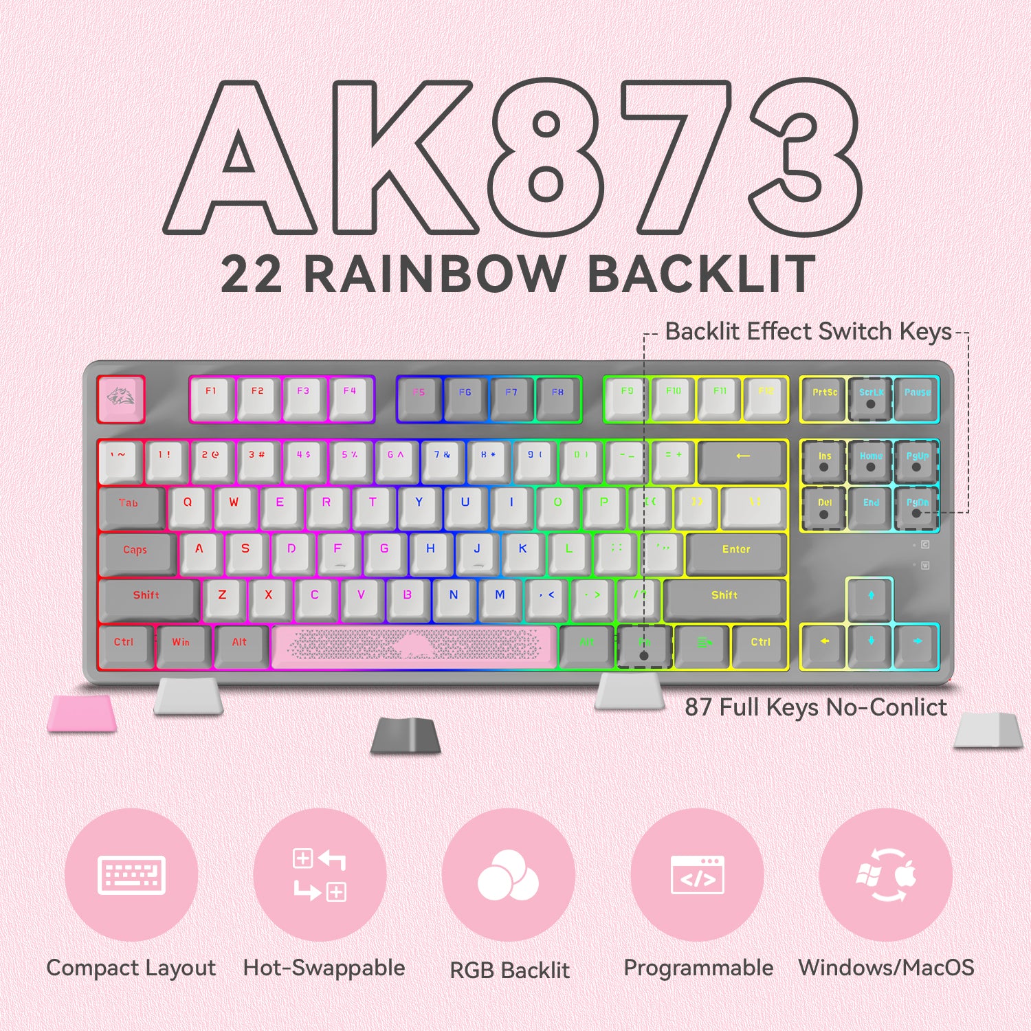 AJAZZ AK873-75% Wired Gaming Keyboard-Hot Swap Mechanical Keyboard-LIGHTSYNC RGB Compact 87 Keys-Magnetic Upper Cover for PC/Mac