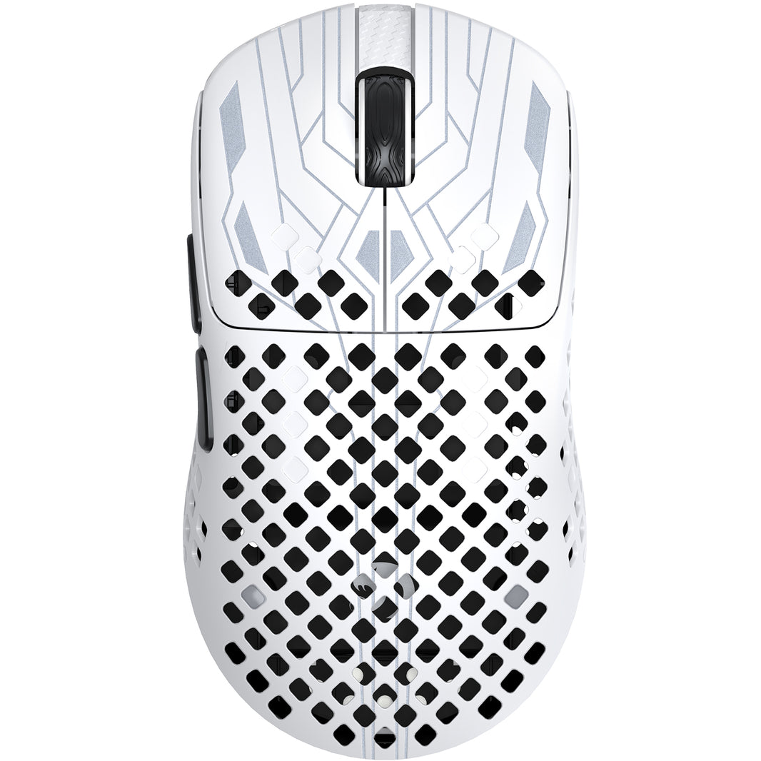 White MAMBASNAKE M2 carbon fiber wireless gaming mouse with perforated shell