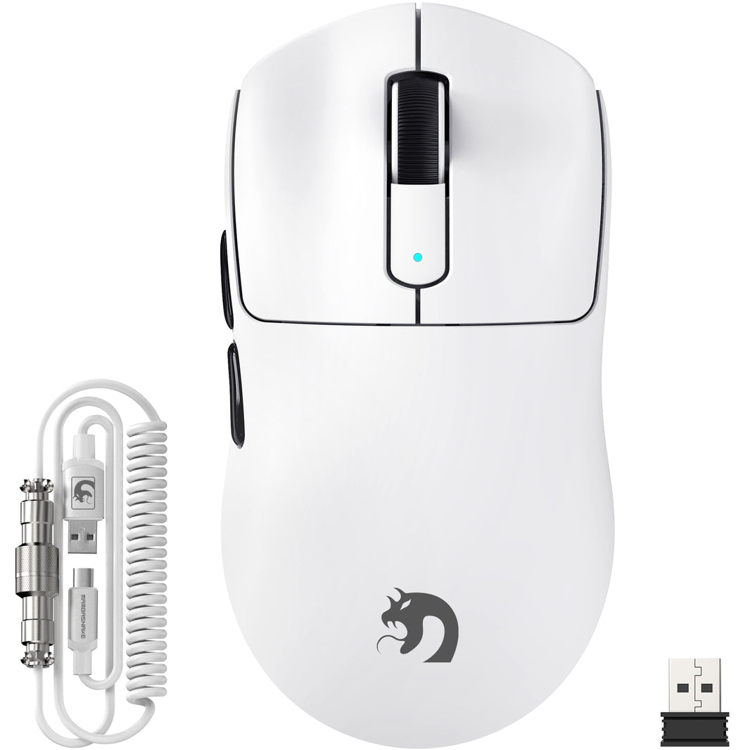 White MAMBASNAKE M3 wireless gaming mouse with coiled USB-C cable