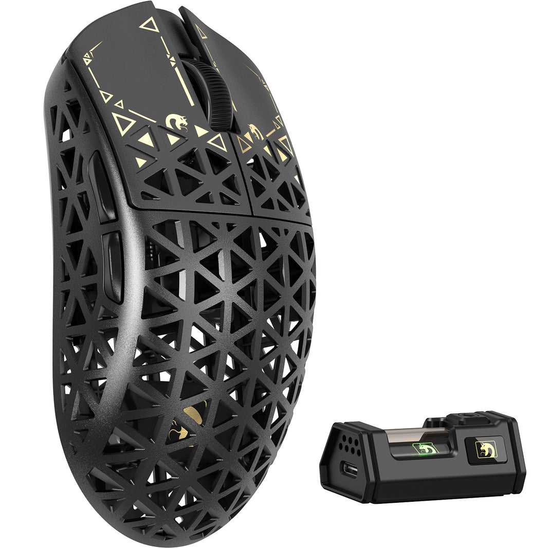 Black carbon fiber MAMBASNAKE M5 Ultra wireless gaming mouse with geometric cutout shell and receiver