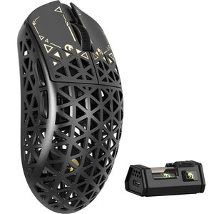 MAMBASNAKE M5 Ultra Wireless Gaming Mouse - Black carbon fiber design, 8KHz polling rate, with charging dock.