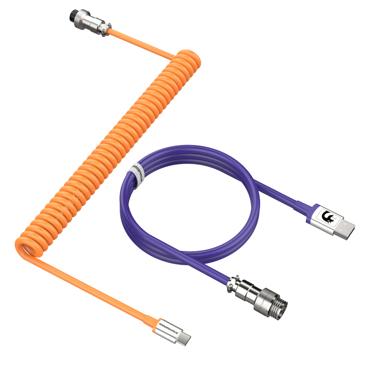 Orange and purple coiled USB-C keyboard cable with aviator connectors