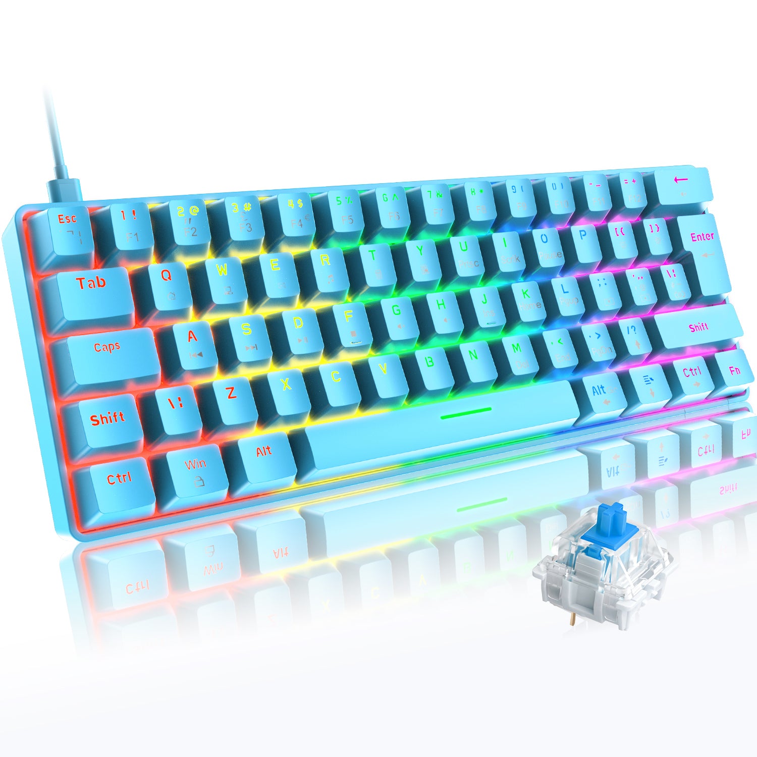 ZIYOU LANG T60 Mini 60% Percent Gaming Mechanical Keyboard UK Layout 19 Rainbow Light Up Compact Keyboard USB-C Cable for PC MAC