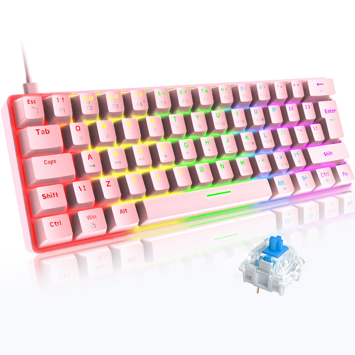 ZIYOU LANG T60 Mini 60% Percent Gaming Mechanical Keyboard UK Layout 19 Rainbow Light Up Compact Keyboard USB-C Cable for PC MAC