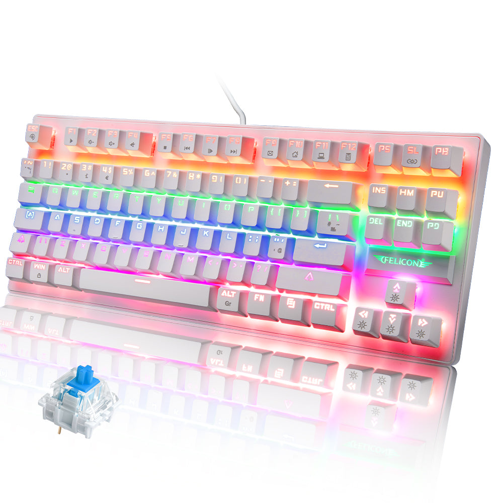 FELiCON K2 Wired 80% Percent Mechanical Gaming Keyboard UK Layout Rainbow Light Up Keyboard Compact 88 Keys Ergonomic for PC Mac