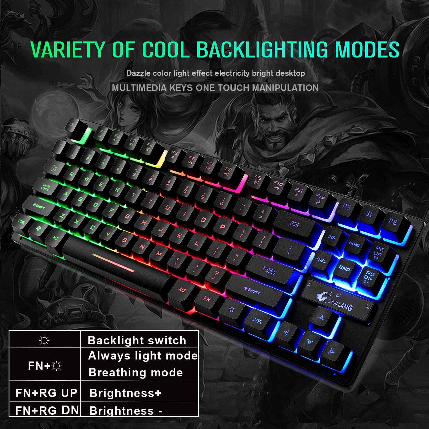 ZIYOU LANG K16 60% Gaming Keyboard87 Keys Mechanical Feeling Multi Color RGB Illuminated LED Backlit Wired Light Up Keyboard