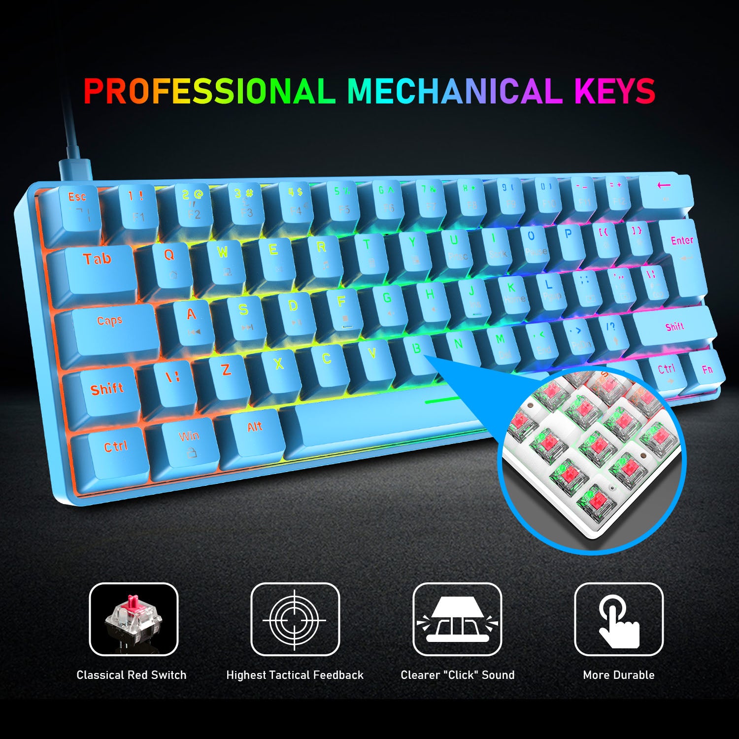 ZIYOU LANG T60 Keyboard Mouse Set, 60% Compact 62 Key USB C Backlit Mechanical Gaming Keyboard, 6400DPI RGB Gaming Mouse, Mice Pad