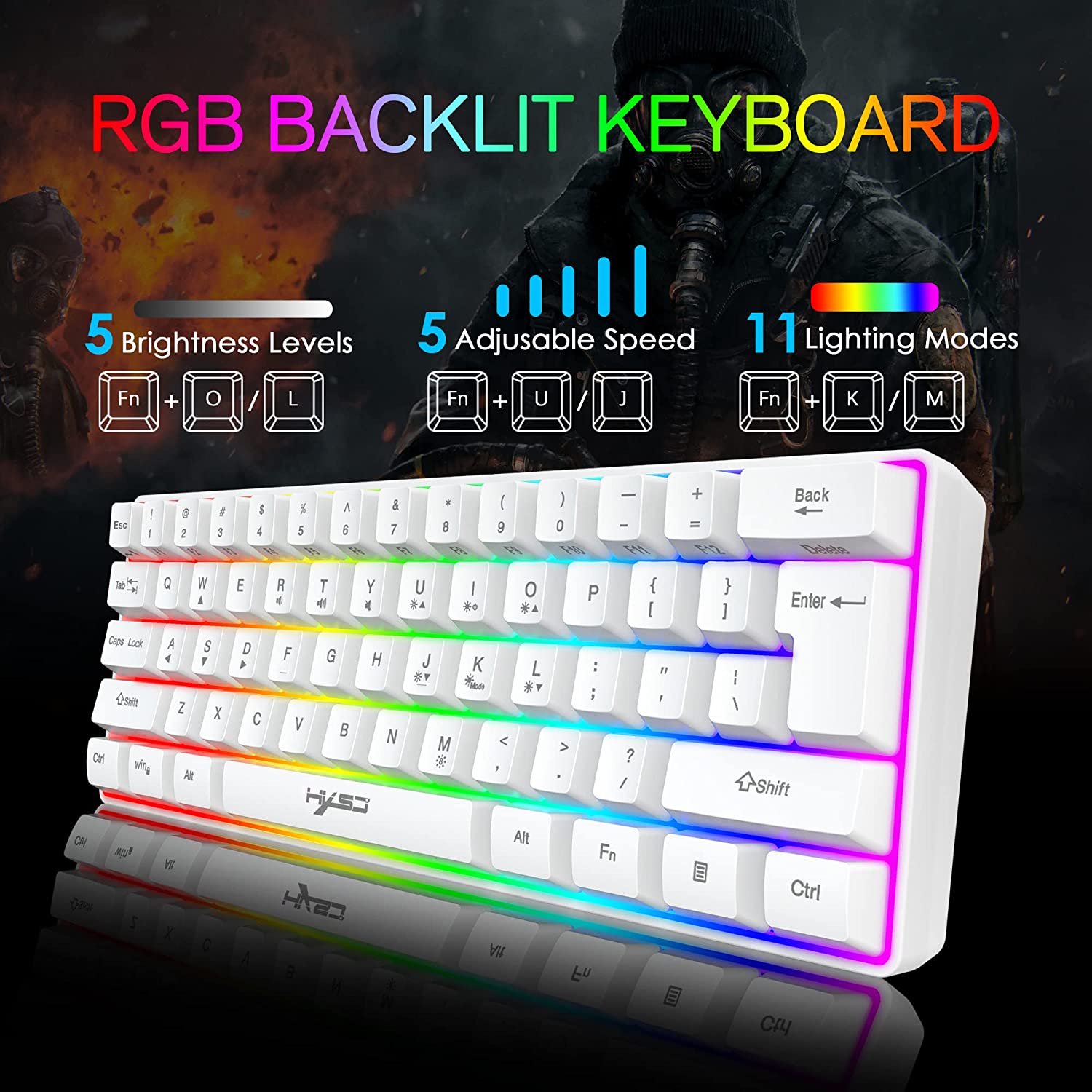 HXSJ V700 60% Gaming Keyboard, 61 Keys Portable Mini Compact Keyboard, 11 RGB Illuminated LED Backlit Waterproof Keyboard