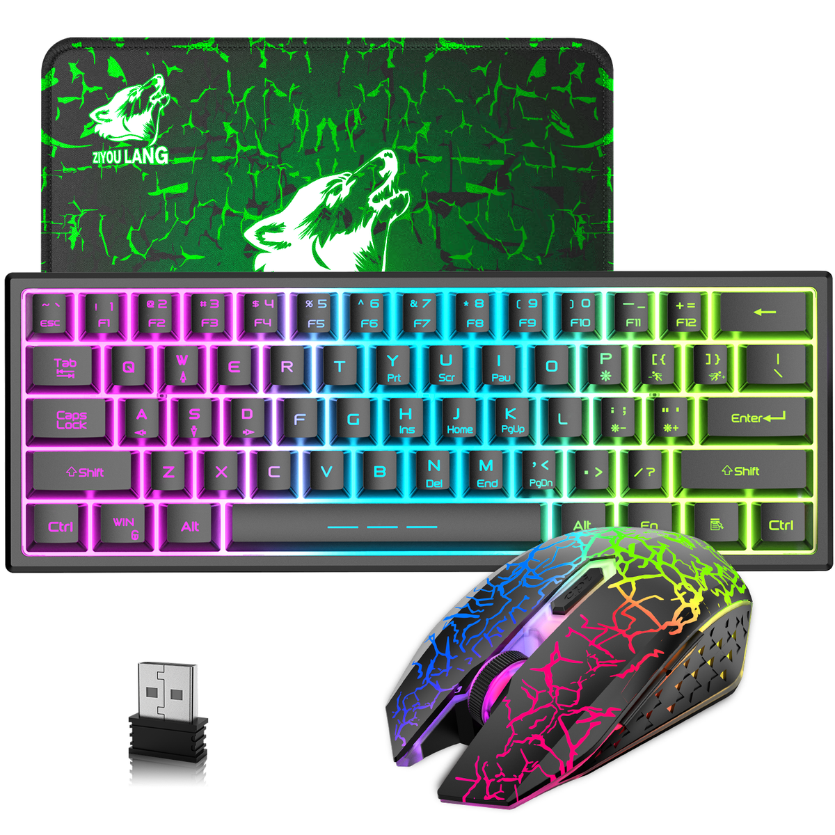 ZIYOU LANG T61 60% Ultra Compact Wireless Gaming Keyboard and Mouse Set with Mousepad 2400 DPI Rainbow Backlit 3800 mAh Rechargeable