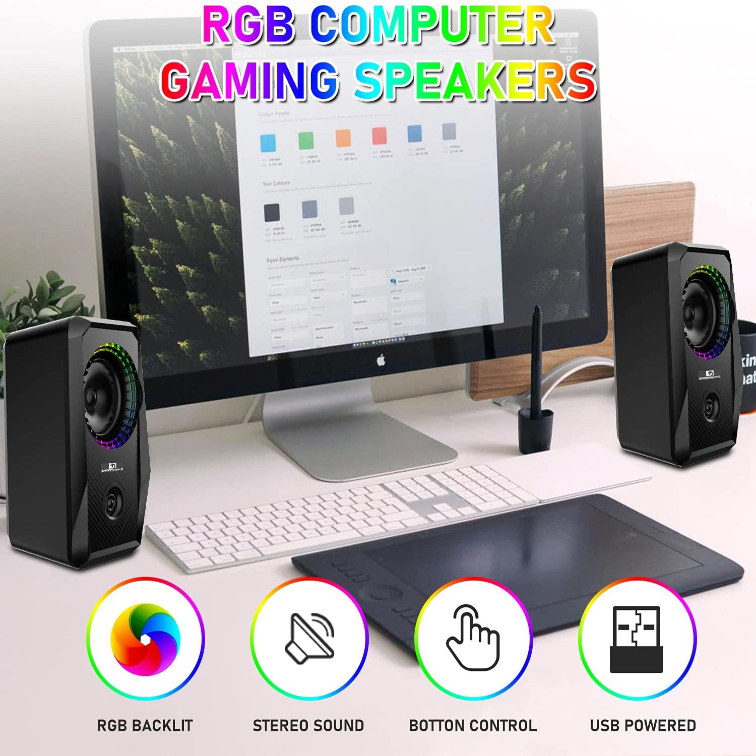 MAMBASNKAE CS-326Wired RGB Computer Speakers,2.0 Channel PC Stereo Speaker with 6 Colorful LED Modes