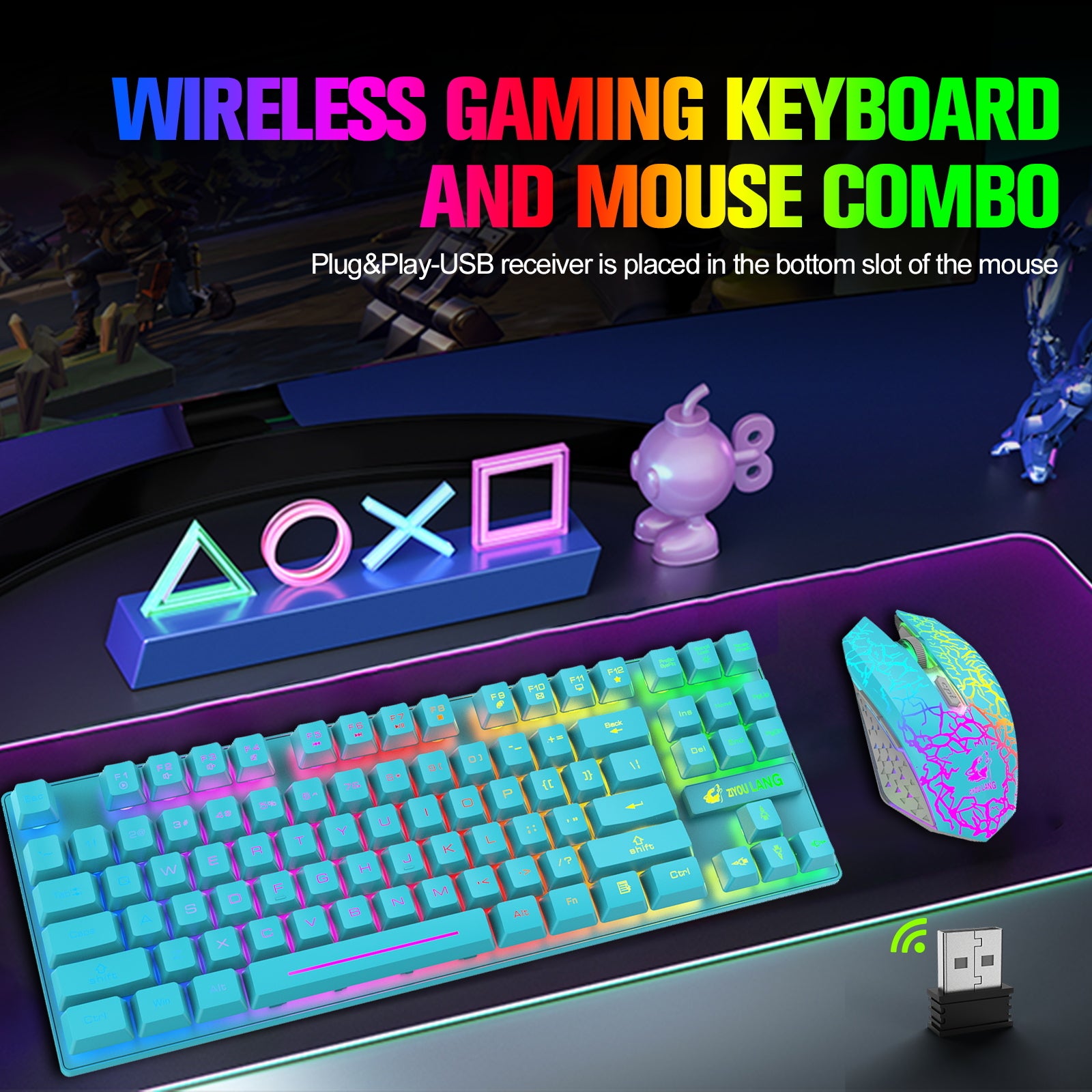 ZIYOU LANG T87 Wireless Gaming Keyboard and Mouse Combo with 87 Key Rainbow LED Backlight Rechargeable 3800mAh Battery Mechanical Feel Anti-ghosting Ergonomic Waterproof RGB Mute Mice for Computer PC Gamer (Black)