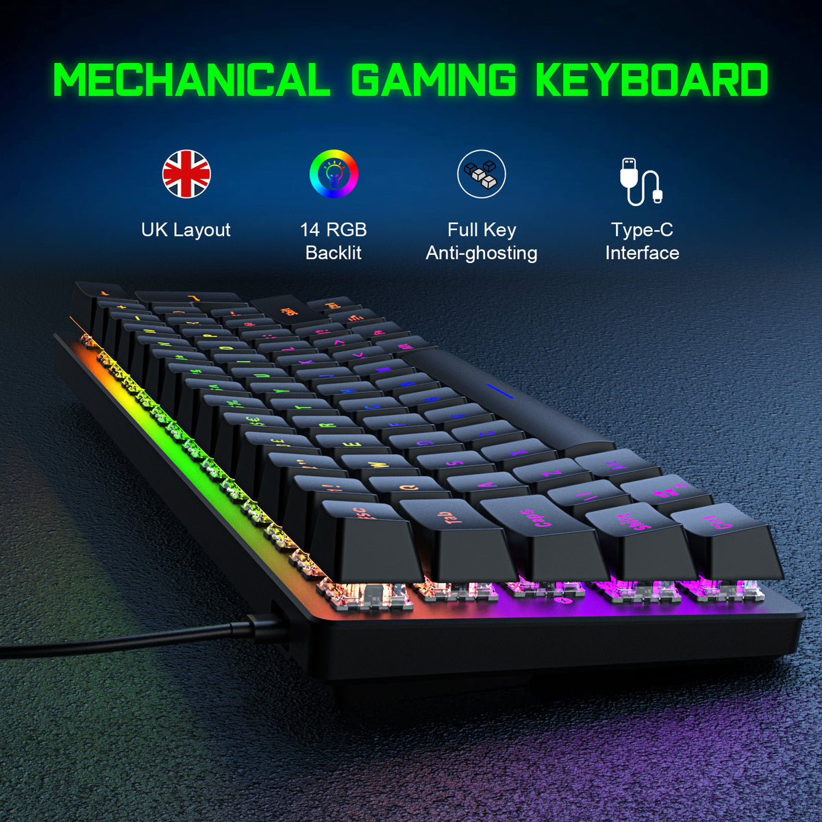 Kompakte 60 % mechanische Gaming-Tastatur mit ergonomischem Anti-Ghosting-Mini-61-Tasten-Layout, Regenbogen-RGB-Hintergrundbeleuchtung, wasserdichte Metallplatte, Typ-C, USB-Kabel für PC, Mac, Gamer, Bürotypist (Schwarz/Blau-Schalter)