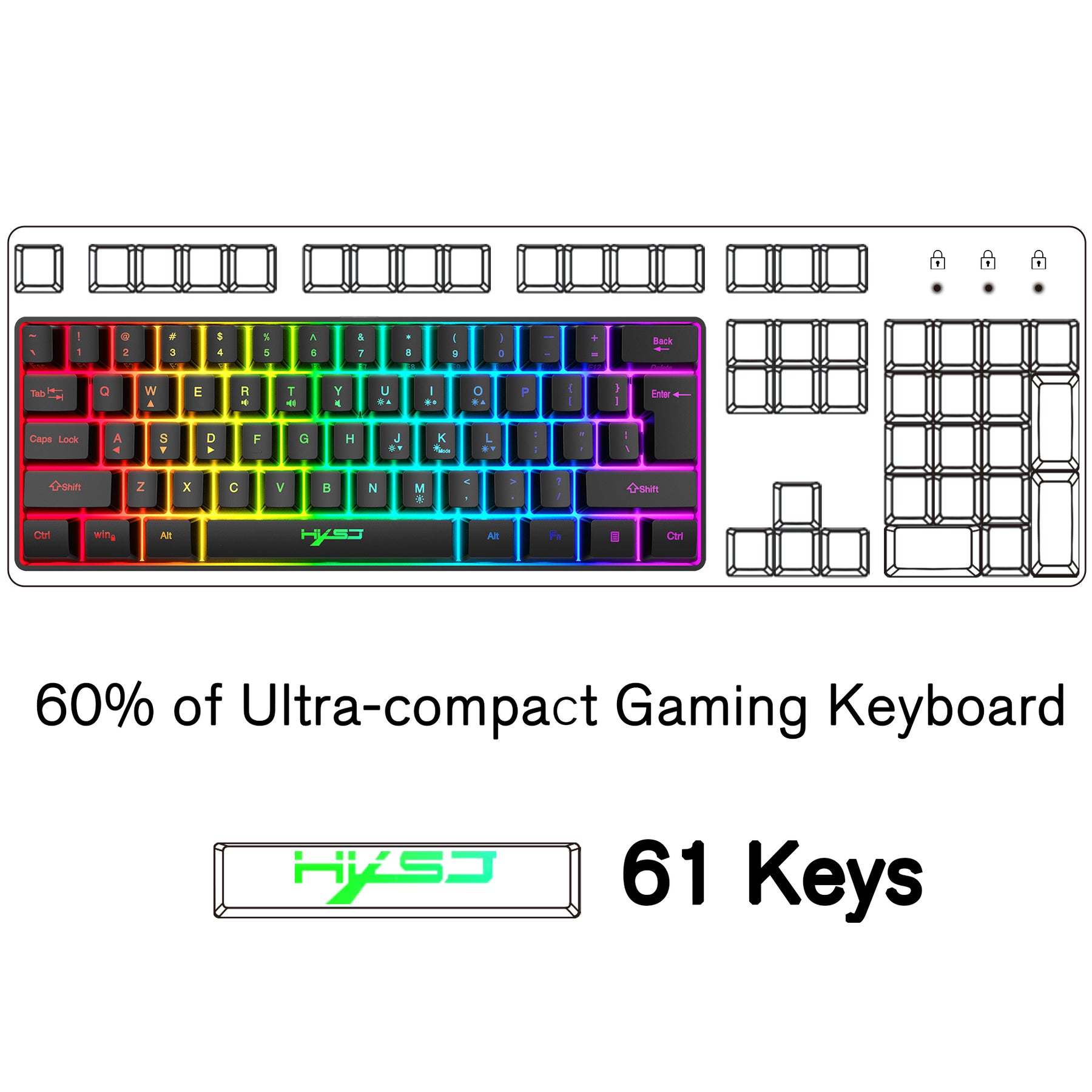 HXSJ V700 60% Gaming Keyboard, 61 Keys Portable Mini Compact Keyboard, 11 RGB Illuminated LED Backlit Waterproof Keyboard