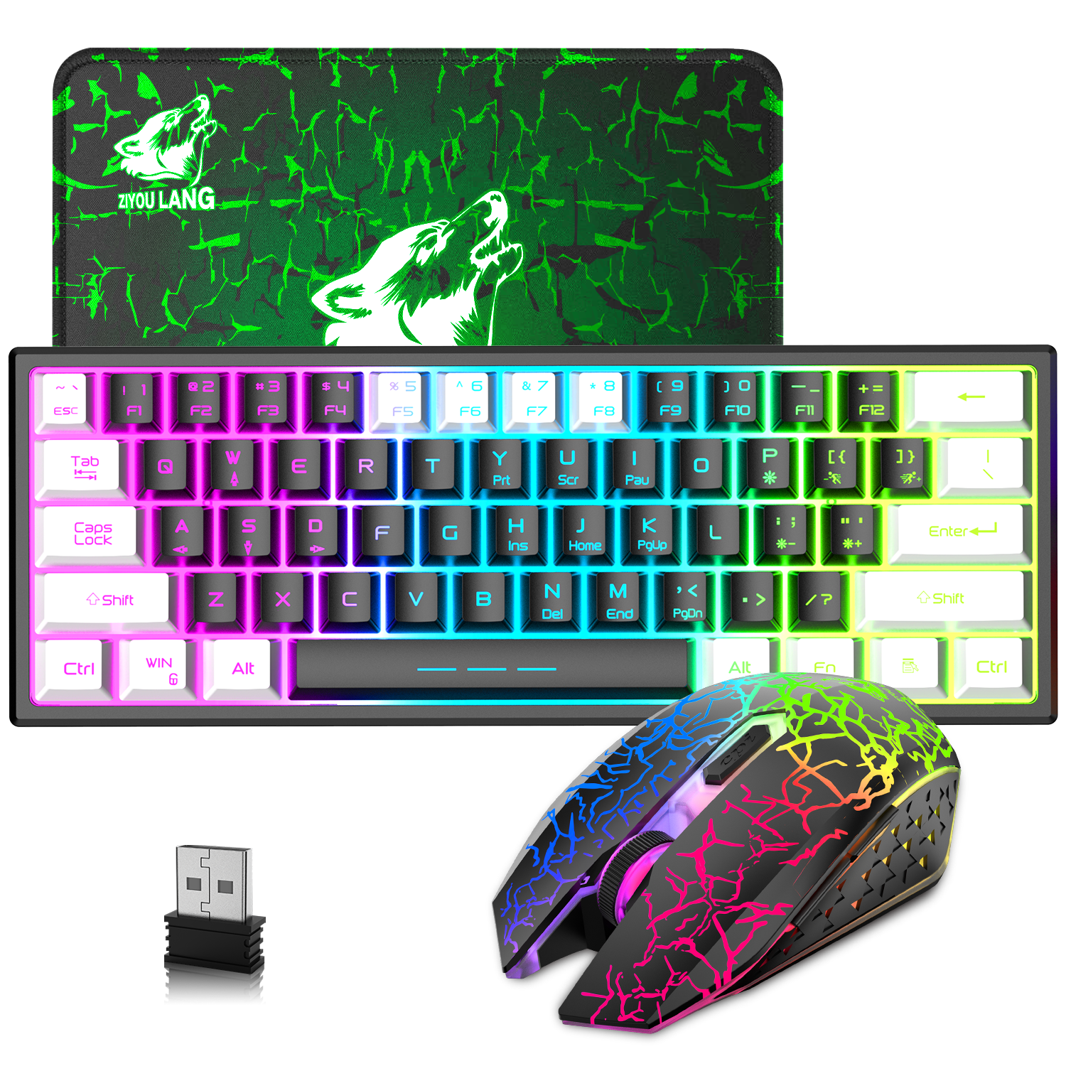 ZIYOU LANG T61 60% Ultra Compact Wireless Gaming Keyboard and Mouse Set with Mousepad 2400 DPI Rainbow Backlit 3800 mAh Rechargeable